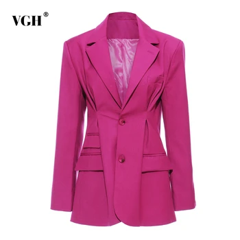 

VGH Elegant OL Style Blazer For Women Lapel Collar Long Sleeve Tunic Loose Ruched Suit Female Fashion Clothing 2020 Spring Tide