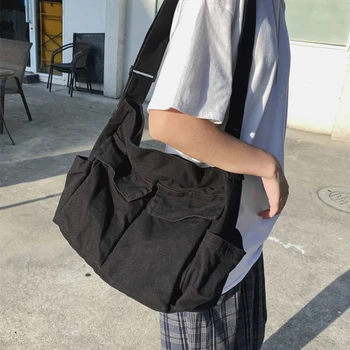 

Vintage Canvas Messenger Bags for Women Causal Tote Handbags Large Capacity Shoulder Bag Female Simple Solid Color Crossbody Bag