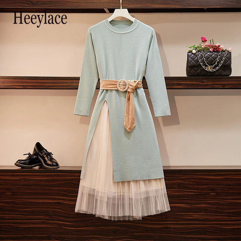 

2019 Autumn Winter Women Open Fork Long Sweater + Elastic Waist Mesh Skirt Sets Long Sleeve O-Neck Knit Top Sashes 2-Pieces Set