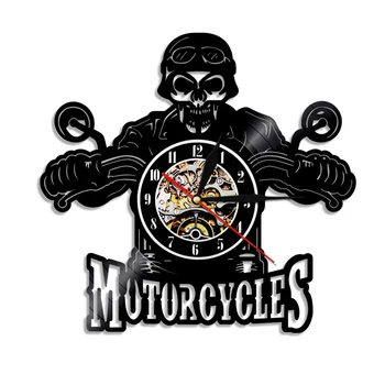 

Motorcycles Bikers King Skull Vinyl Record LED Wall Clock Modern Design Wall Clock Night Lighe Skull Motorcycle Rider Gift reloj