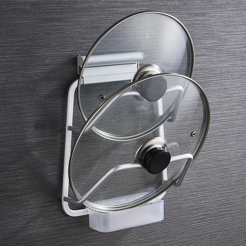 

Punch-free Pan Lid Rack Pot Cover Hanger Durable Wall Hanging Kitchen Organizer Storage Rack with Water Tray