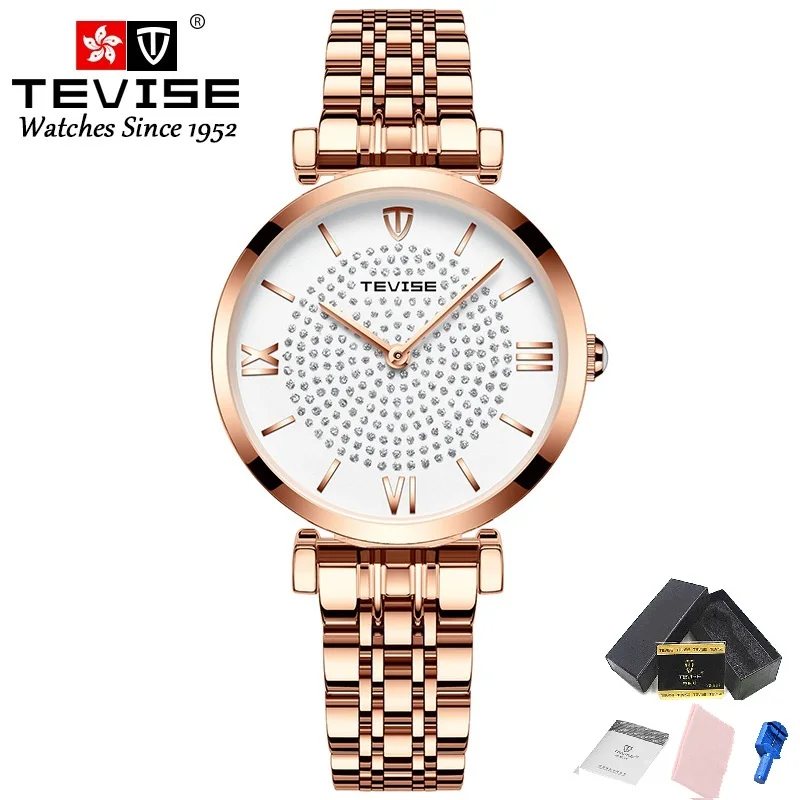Rose With Tool Часы женские TEVISE T09 кварцевые женские часы водонепроницаемые Модные простые женские наручные часы с ремешком фиксирующий инструмент дропшиппинг - Цвет: Rose With Tool