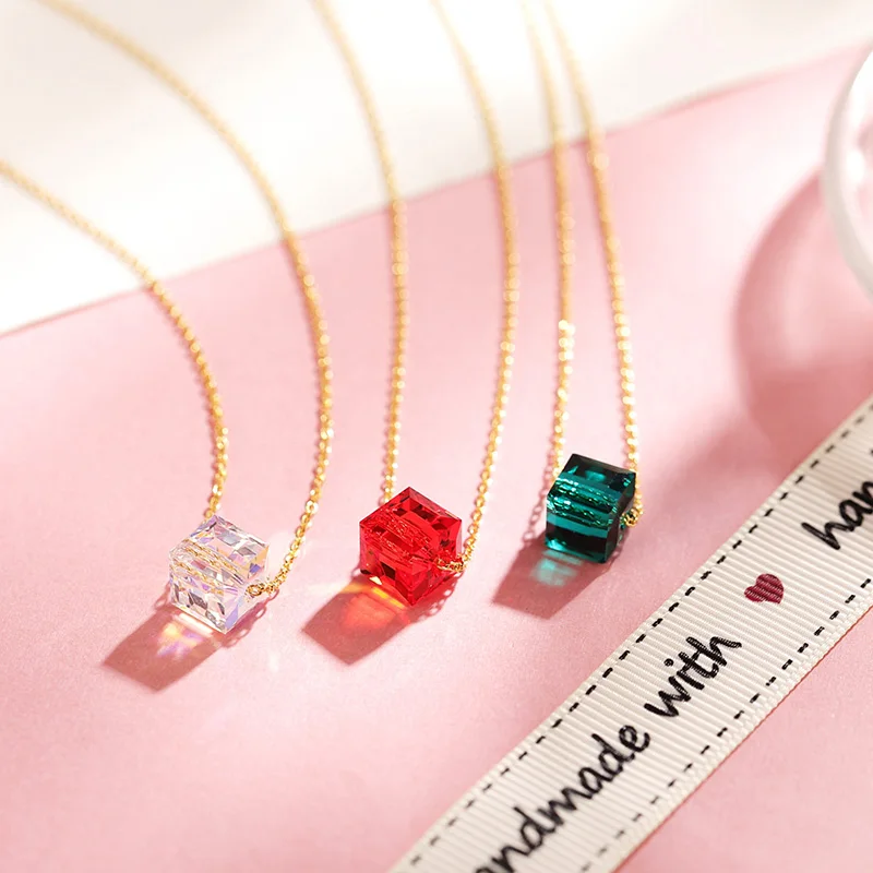 Украшенные кристаллами от Swarovski Модные Зеленые кубические бусины ожерелье Подвески золотой цвет цепи ювелирные изделия для женщин шикарный подарок