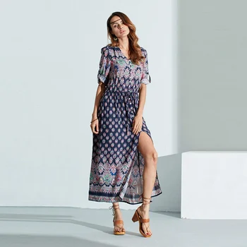 

New Autumn Dress Women Bohemian V-neck Half Sleeve Floral Print Pleated Butterfly Sleeve Fringe Dress Plus Size Ankle-Length Dress