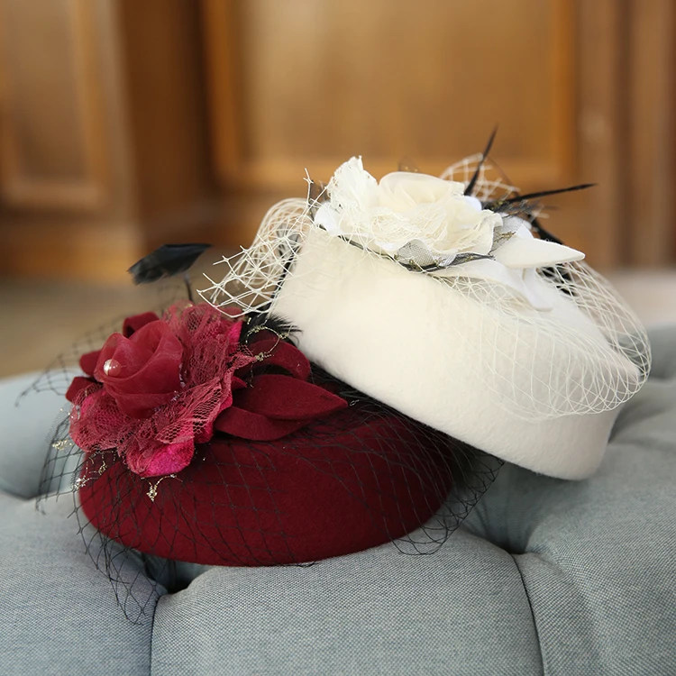 

New England retro elegant bowknot mesh wool stewardess hat small bowler hat casual berets