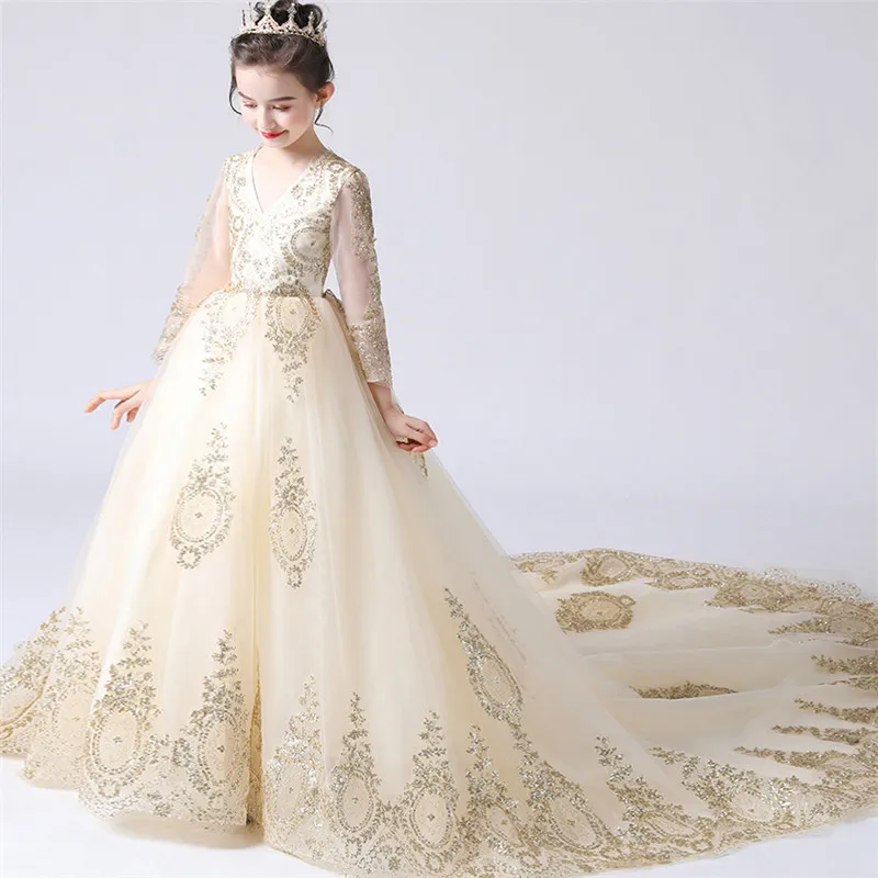 Изысканное роскошное платье принцессы с v-образным вырезом для девочек от 5 до 13 лет Детская вечерняя одежда для дня рождения