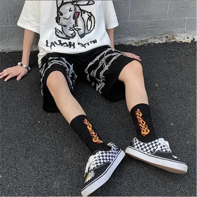 high waisted shorts shorts streetwear loose elastic waist iron pattern chain jogger shorts 2021 summer loose elastic waist hip hop skate shorts y2k biker shorts