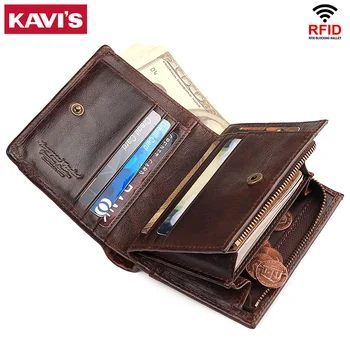 

KAVIS 100% Genuine Leather Men Wallet Coin Purse Small Mini Card Holder Chain PORTFOLIO Portomonee Male Walet Pocket Zipper New