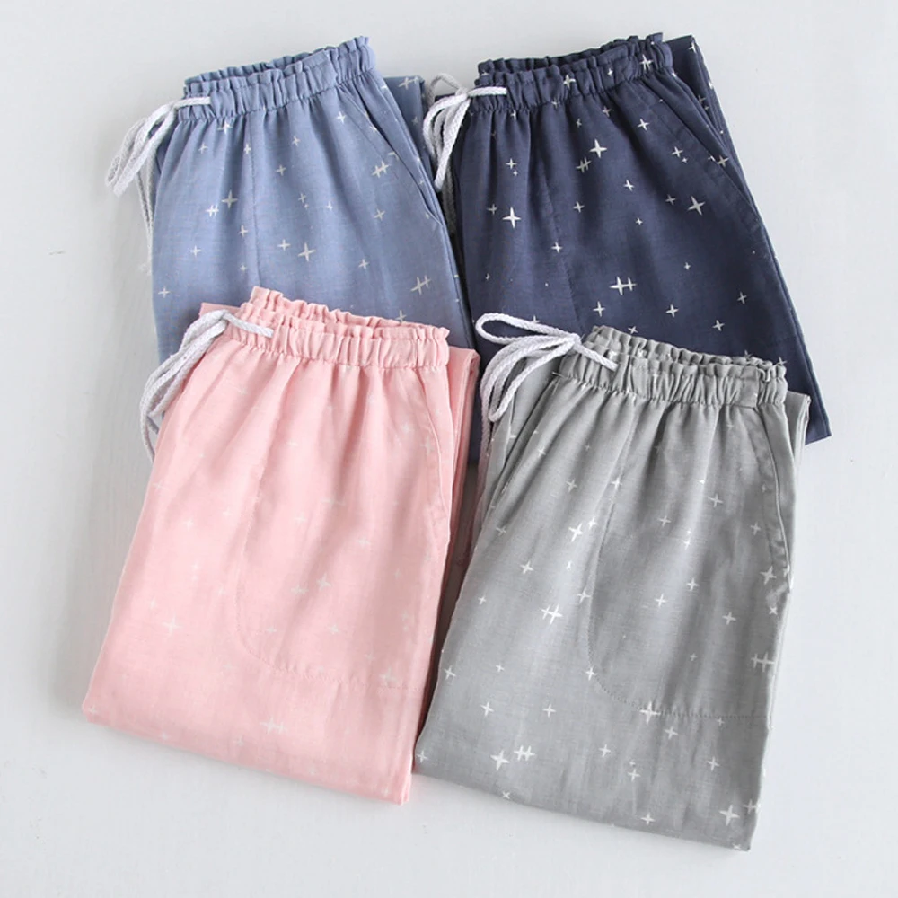 

Осенняя Пижама, хлопковые марлевые домашние штаны для пар, свободные штаны для сна с принтом, женские брюки в японском стиле, домашняя одежда, пижама