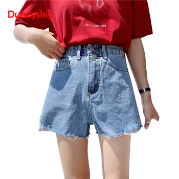

Hole Ripped Denim Shorts Blue High Waist Short Jeans Tassel Deisgn Summer Shorts Zipper Fly Loose 2020 New