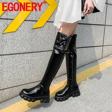 EGONERY/Новые модные зимние сапоги выше колена женская обувь на высоком каблуке, на платформе, с круглым носком, на молнии, с пряжкой Прямая поставка, размеры 32-45