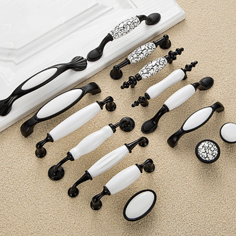 Черно-белые дверные ручки в стиле кантри керамические ручки ящика Ручка кухонный шкаф ручки и ручки для мебели
