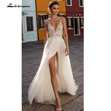 Сексуальная сторона Сплит Пляж Свадебные платья спагетти Иллюзия Бохо А-силуэта свадебное платье с жемчугом спинки Богемские свадебные одежды