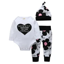 3 Pieces Sets Newborn Baby girl clothing Love Heart Pattern Bodysuits+Pants+Hat Newest Addition To The Family Baby Girls Outfit