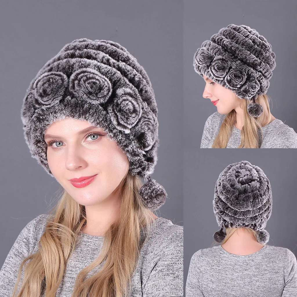 Женская меховая шапка для зимы, шапка из натурального кролика Рекс, меховые головные уборы для русской женщины, брендовые новые модные теплые шапочки, шапка с ушками, теплая# L20