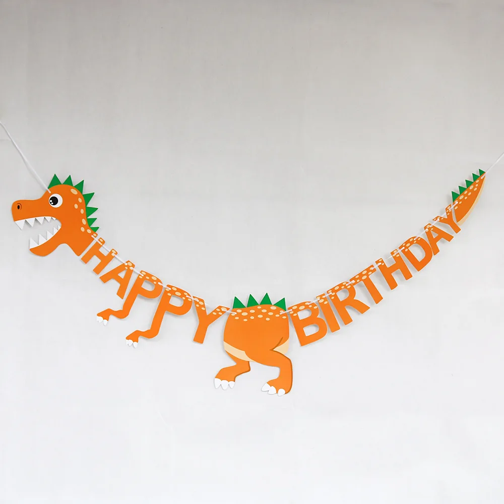 New Style Orange Green Dinosaur Latte Art Party Children Birthday Dinosaur HAPPY Birthday Latte Art Hanging Flag
