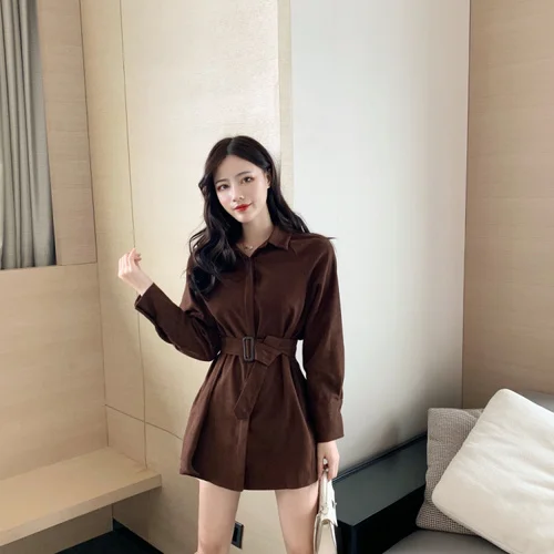 Dark Brown Korobov женские рубашки с длинным рукавом и отложным воротником, Корейская однотонная винтажная женская блуза с завязками, тонкая женская блузка на пуговицах 79386 - Цвет: Dark Brown
