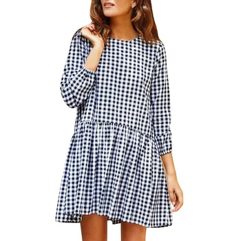 

Women's Sexy Dresses New Plaid Printing Splice Long Sleeve O-neck Fold Casual Loose Club Dress Fashion Elegant Party Vestido XT