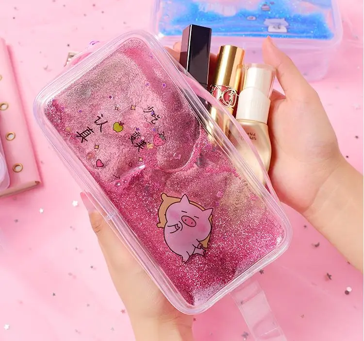 

Cute PVC Pig Pencil Case Colorful Transparent Quicksand Girl Cosmetic Bag Pen Bag Creative Mermaid Stationery School Supplies