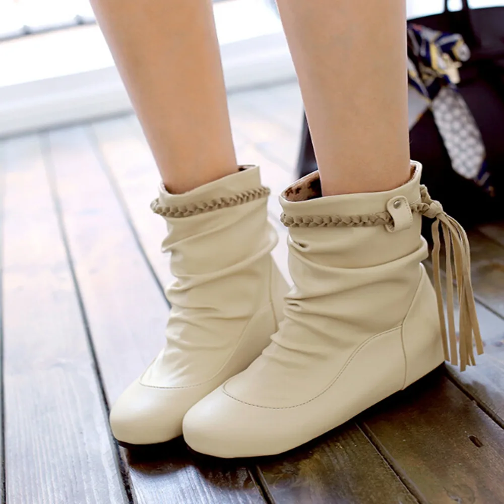 

Vintage Tassel Boots Women Fashion Soft Non-Skid Middle Slope Heel Round Toe Braided Belt Winter Shoes Women zapatos de mujer
