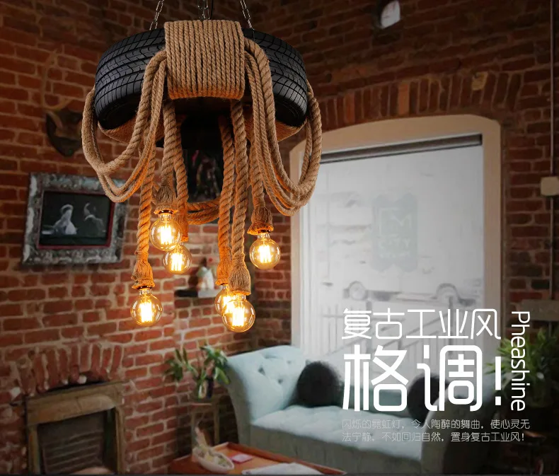 Деревянная промышленная стильная креативная индивидуальная люстра из пеньковой веревки, шина для гостиной, столовой, кофейни, ретро люстра
