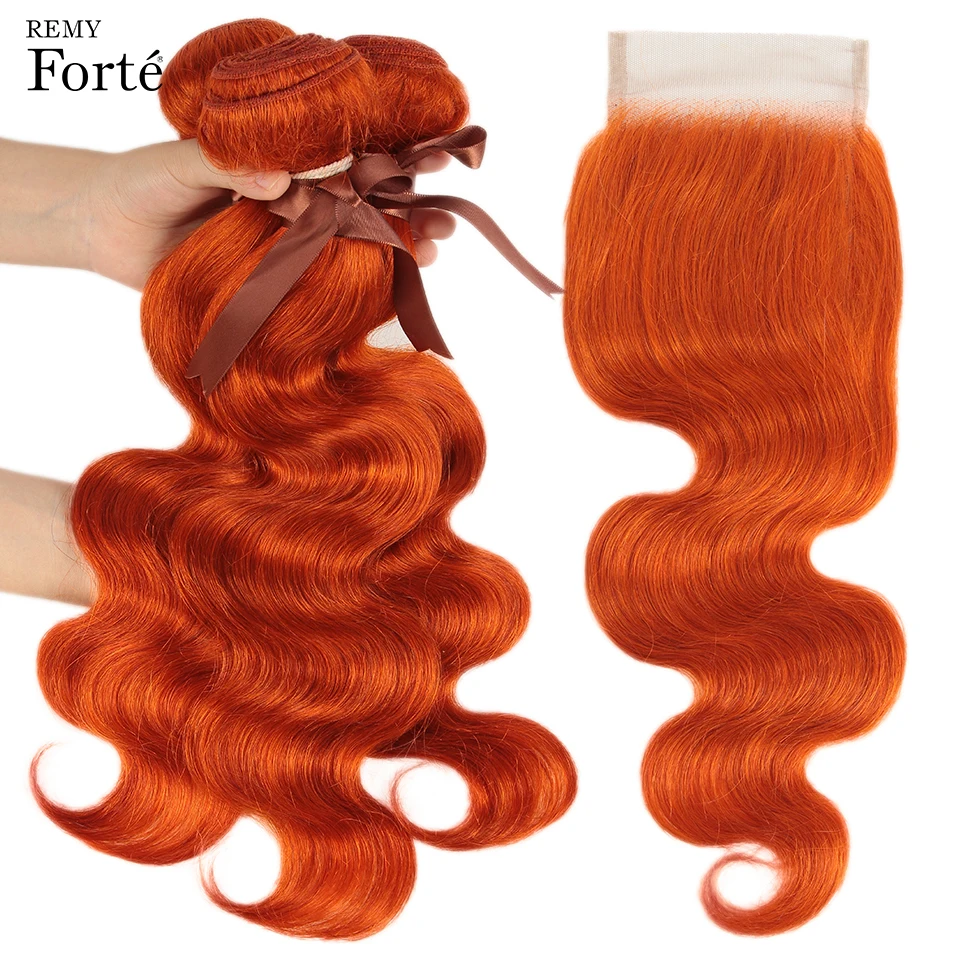 Remy Forte Body Wave Bundles With Closure Blonde Bundles With Closure Peruvian Hair Weave Bundles Orange 3 bundles with Closure