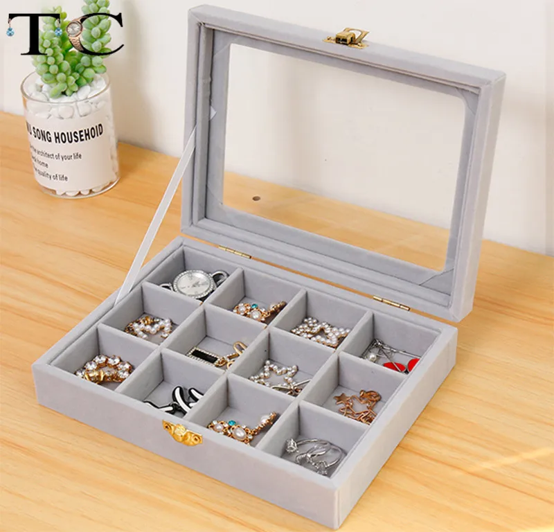 12 Grid Tray Серый бархат дисплей ювелирных изделий лоток кольцо Дисплей ожерелье Дисплей Отсек серьги дисплей категория со стеклянной крышкой - Цвет: 12 Grid Tray