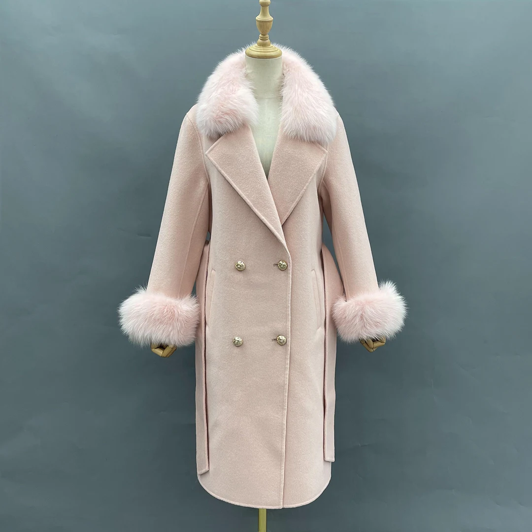 2021 Winter Women Coat Cashmere Wool Jacket With Fox Fur Collar And Cuff Elegant Slim Fit Korean Fashion Long Overcoat Female long black puffer coat