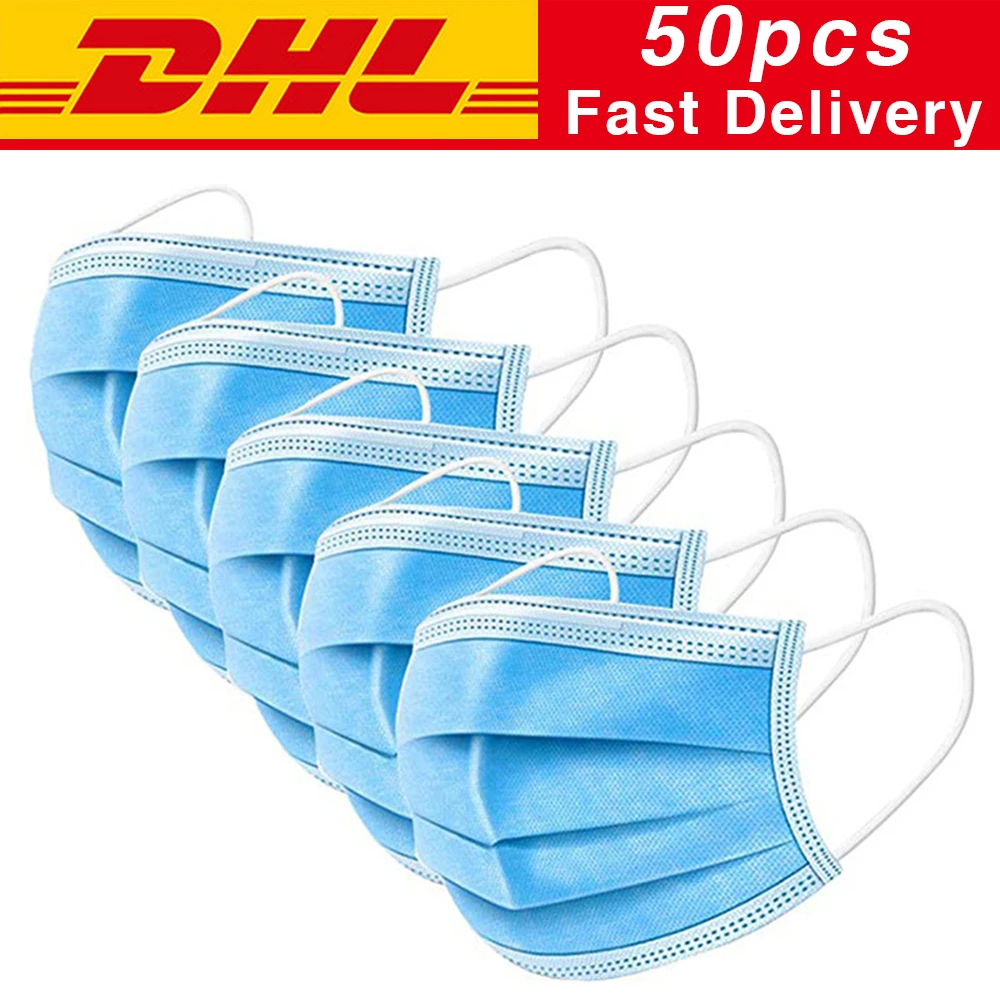 

50pcs DHL Shipping Face Mask Disposable Face Masks 3-ply Safely Mouth Mask pm2.5 Apply To Adult Dust Filter Masque