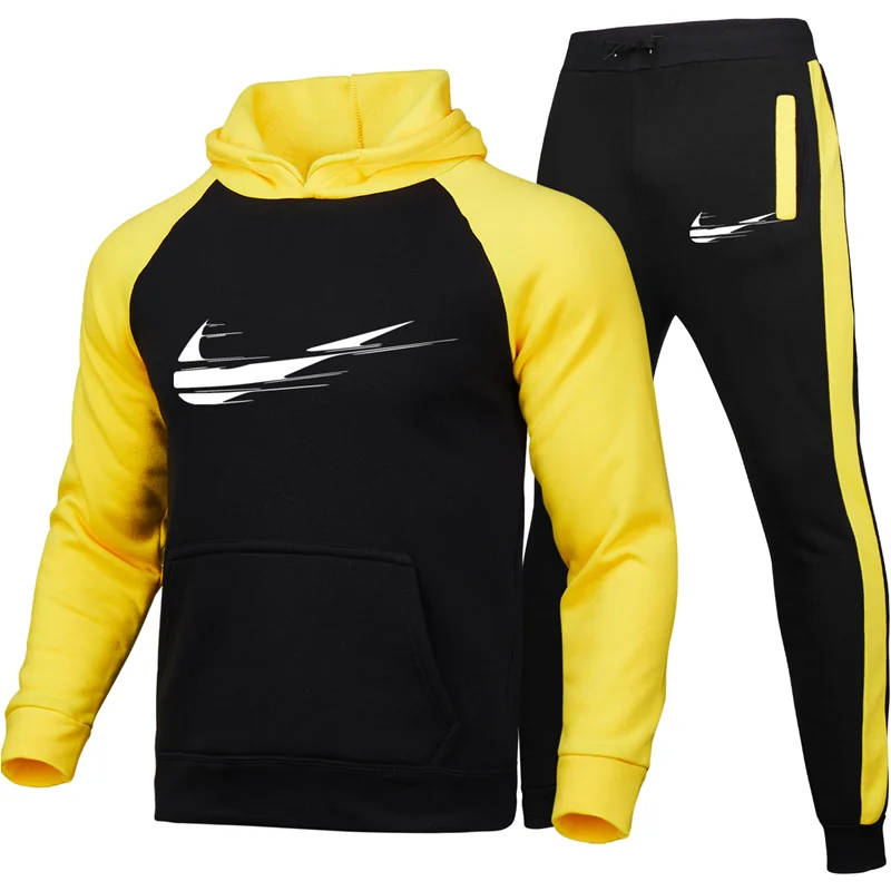 

Stitching two-piece fashion all-match hooded sweatshirt men's track suit hoodie autumn brand clothes hoodie + pants men's suit