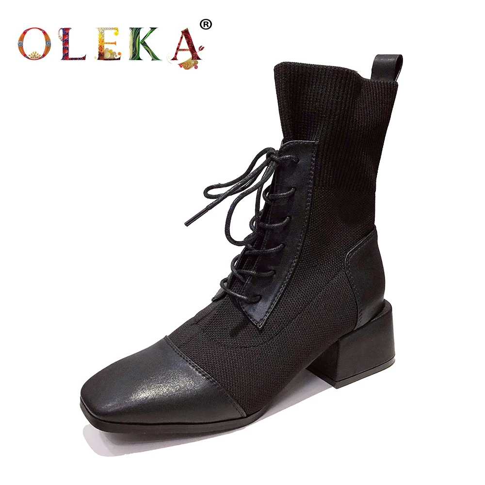 

OLEKA Mid-calf Winter Boots Women Square Heel Totem Square Toe Boots For Women Fashion Style Basic New AS725