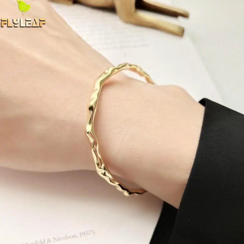 Flyleaf Irregular Surface Gold Real 925 Sterling Silver Open Bracelets For Women Fashion Fine Jewelry Cuff Bracelets& Bangles