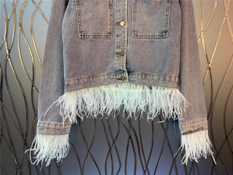 TWOTWINSTYLE уличная Лоскутная Женская джинсовая куртка с кисточками воротник с отворотом длинный рукав карман женские пальто модная новинка