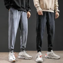 Зимние вельветовые плотные брюки, мужские тонкие модные однотонные повседневные штаны для бега, мужские уличные штаны в стиле хип-хоп на завязках