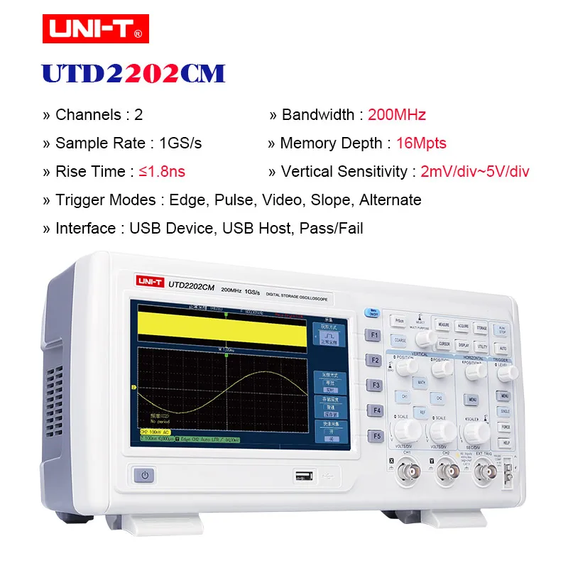 UTD2202CM 200MHz UNI-T Многофункциональный цифровой осциллограф переключаемые зонды 2 канала 1GS/s частота дискретизации осциклоскоп 7 дюймов TFT lcd - Цвет: UTD2202CM 200MHz