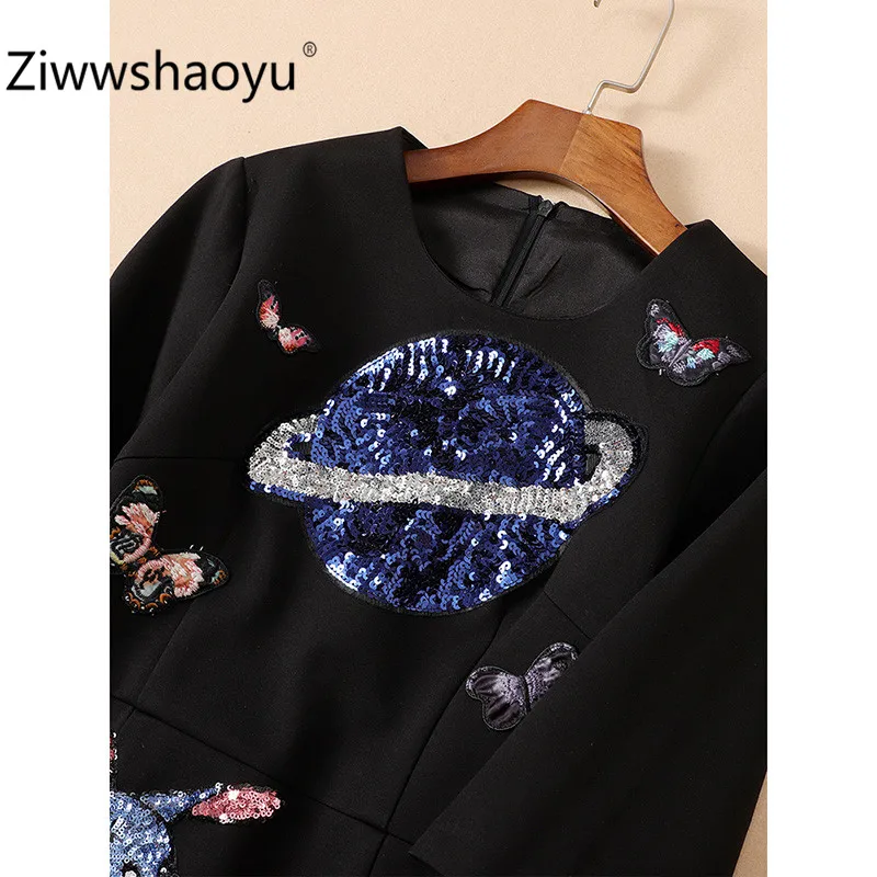 Ziwwshaoyu женское осенне-зимнее винтажное черное платье Модные платья с коротким рукавом и вышивкой