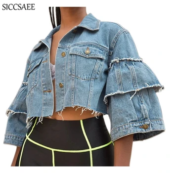 

Flare Sleeve Denim Bomber Jacket For Women Button Ruffles Turn Down Collar Overcoat Jeans Sexy Streetwear Plus Size Clothing