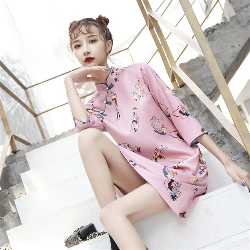 Ретро Печатных китайские стильные шаровары cheongsam женские улучшить qipao платье Винтаж Дамы qi pao вечерние халаты