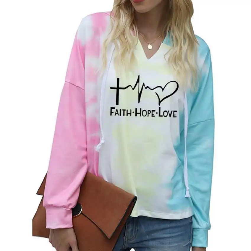 Women Plus Size Tie-Dye Hooded Long Sleeve Sweatshirt Hoodies For Women Faith Hope Love Letters Print Oversize Ladies Pullovers