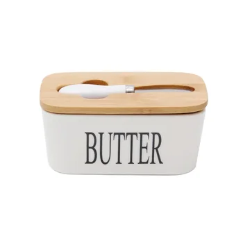

Storage Tray Nordic Style With Wood Lid Butter Box Dish Cheese Container Food Keeper Tool Ceramic Kitchen Sealing Plate