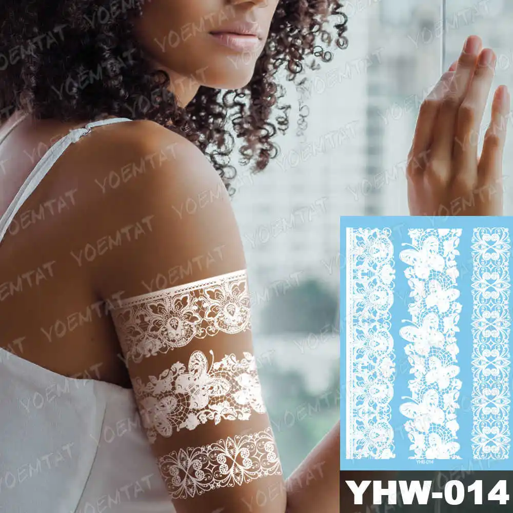 11-YHW-014 1 шт., модные, блестящие, водонепроницаемые, тату, для женщин, белые чернила, хна, тату, драгоценный камень, кружева, цветок, для невесты, тату, мандала, Временные татуировки, наклейка - Цвет: 11-YHW-014