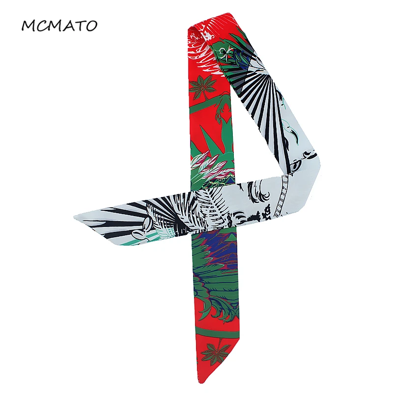 

2019 New Hot Feather Print Women Silk Scarf Brand Scarf Bag Ribbons Fashion Head Scarf Small Long Scarves headband accessories