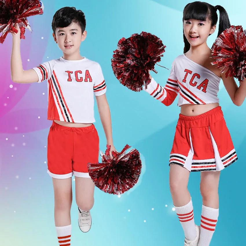 

Children Cheerleader Uniform Stage Team Wear Kids Performance Dresses Girl Shoulder Off Top Skirt Costumes Boys Gymnastics Suits