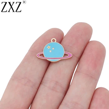 

ZXZ 10pcs Enamel Stars Earth Satellite Charms Pendants For Necklace Bracelet Jewelry Making FIndings 24x17mm