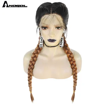 

Anogol Pre Plucked Long Double Braids Black Brown Dark Roots Ombre Blonde Synthetic Braided Lace Front Wig With Baby Hair