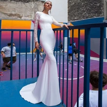 Атласные свадебные платья с длинными рукавами и круглым вырезом, кружевные аппликации на пуговицах, иллюзия, свадебное платье с коротким шлейфом, Vestido De Noiva