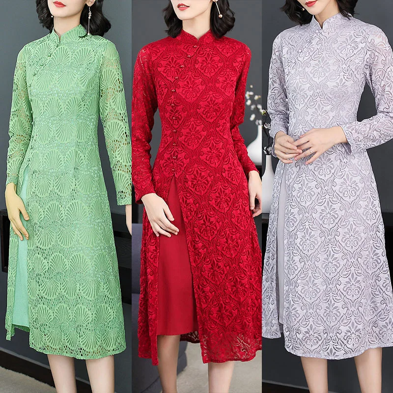 Spring Clothing Large Size Dress Chinese-style Dignified Glorious Mom Modified Version Lace Dress