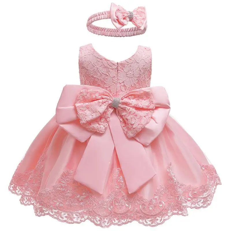 Baby Girls Princess Dress And Hairband 2Pcs Elegant Bow Toddler Girl 1 Years Birthday Party Lace Ball Gown Vestidos Kids Dresses (16)