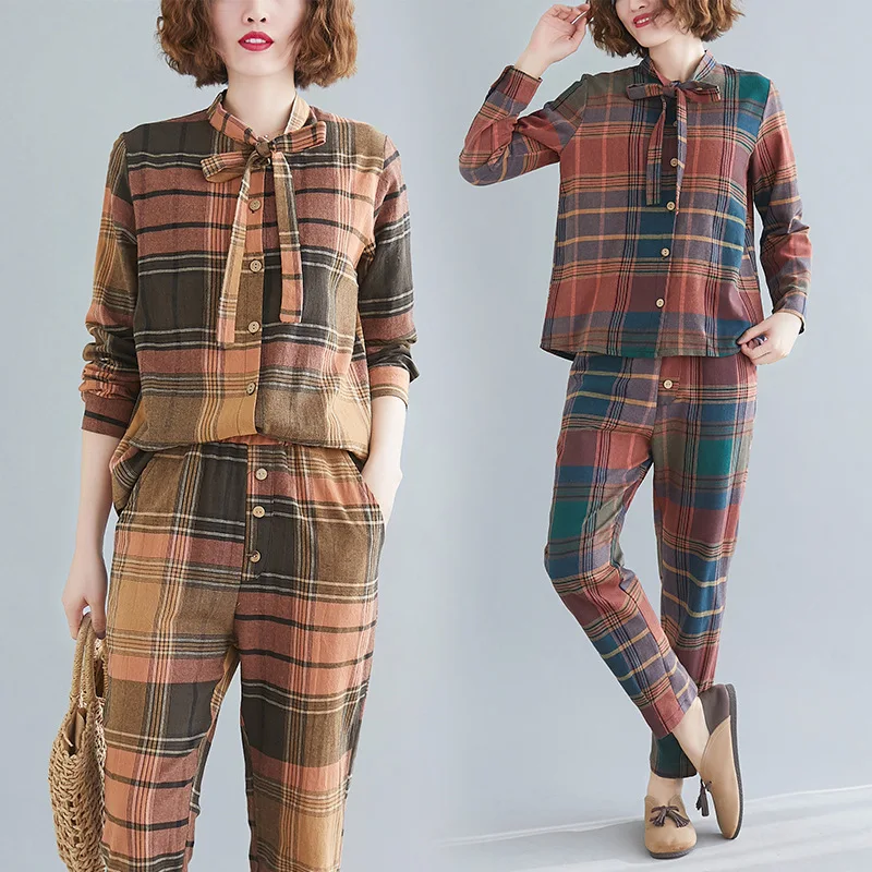 

2020 Spring New Style Large Size Literature And Art Retro Lace-up Cotton Linen Plaid Shirt Harem Pants Set
