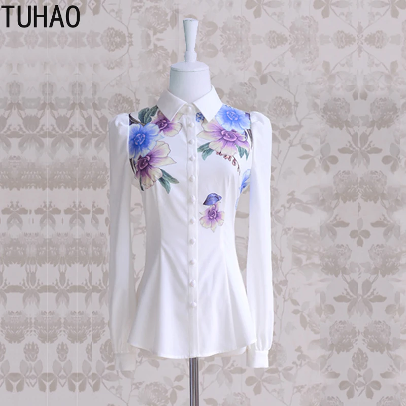 TUHAO Подиумные женские шифоновые блузки с длинным рукавом и отложным воротником офисная рубашка блуза с геометрическим принтом свободные повседневные топы WM25